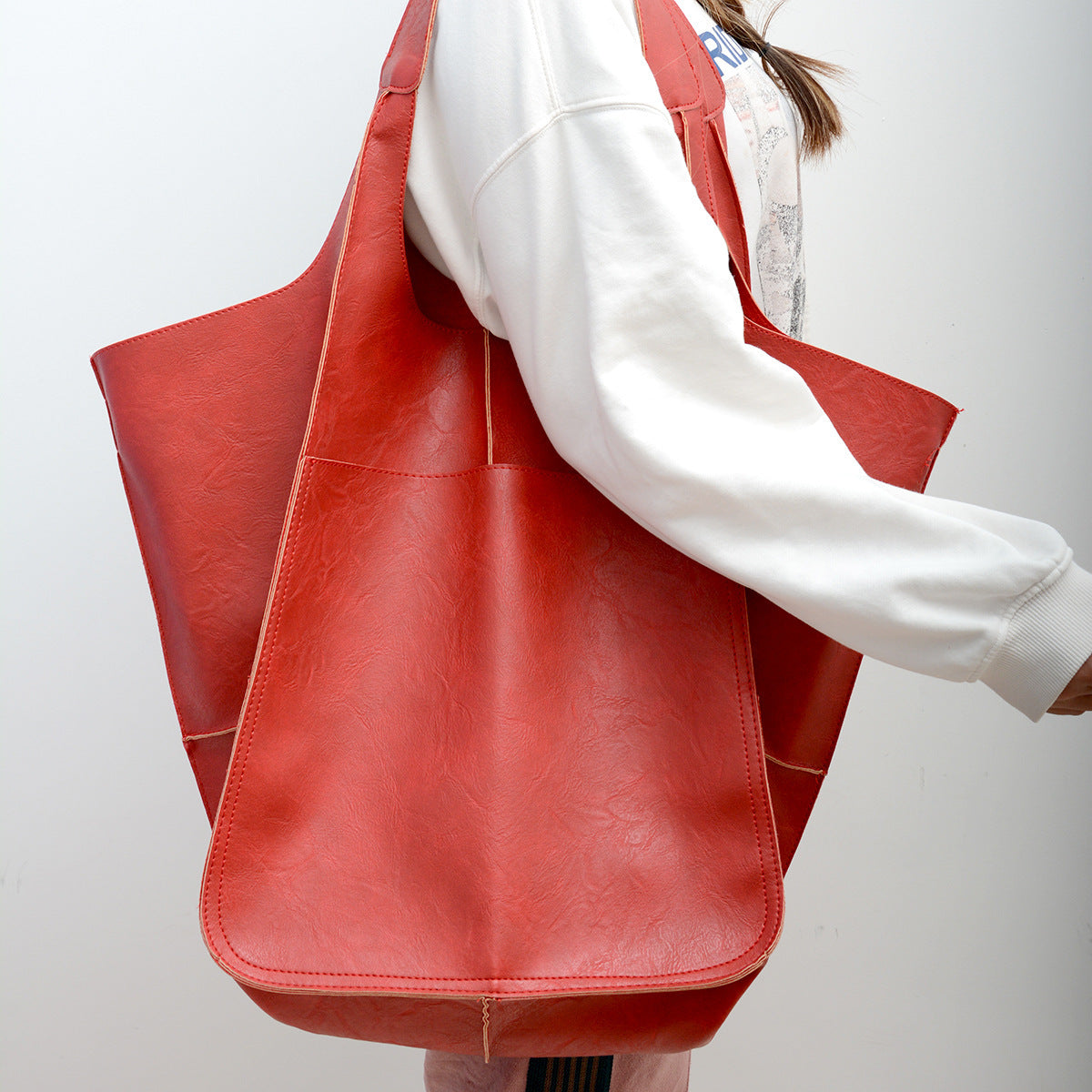Grand Sac Fourre-Tout Chic Simple en Cuir Souple, Grande Capacité, à Main ou Bandoulière